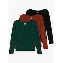 Rich Kadın Koyu Yeşil-bordo-siyah 3'lü Paket U Yaka Uzun Kollu Bluz Bordo - Yeşil