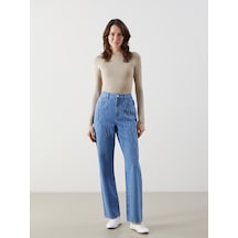 Lcw Comfort İndigo Beli Lastikli Straight Fit Taşlı Kadın Jean Pantolon