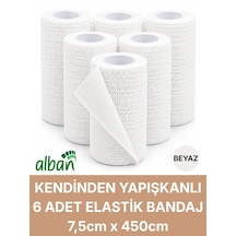 7,5cm 6'lı Set Kendinden Yapışkanlı Elastik Bandaj, Kohesiv Bandaj 7,5cm X 4.5m Spor, Bilek, Ayak Bileği, Veteriner Bandajı Beyaz