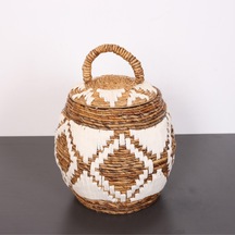 İskit Makrome Ve Doğal Abaka - Kapaklı Sepet 35x34 Cm Bej