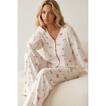 Siyah İnci Yumuşak Tuşe Kışlık Fitilli Pamuklu Örme Düğmeli Hırka Pijama Takım 8073 Leopar Fiyonk