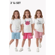 Fyk Kids 3'lü Yazlık Yuvarlak Yakalı Baskı Detaylı Kaprili 6 Parça Kız Çocuk Alt Üst Takım Mavi - Pembe