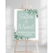 Söz Nişan Düğün İçin 50x70 Karşılama Panosu - Yeşil Yaprak Tasarımlı 004 Beyaz