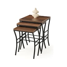 Eyfl Ahşap 3 Lü Zigon Sehpa Siyah Metal Ayaklı Ceviz Barok Ceviz