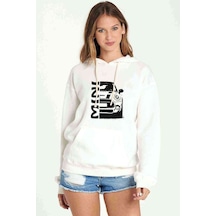Araba Mini Baskılı Beyaz Kadın Kapşonlu Sweatshirt