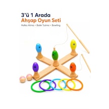 Ahşap Balık Tutma Oyunu 3 Ü 1 Arada Ahşap Oyun Seti Balık Tutma Halka Atma Bowling Eğitici Oyuncak
