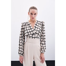 Sateen Desenli Crop Bluz - Bej-135919 Bej