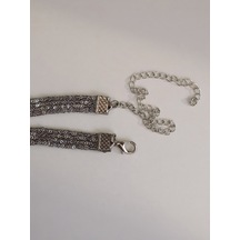 Kordon Zincir Örme Kristal Taşlı El Yapımı Choker Tasma Pembe Silver Renk Kolye