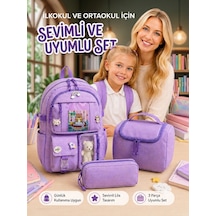 3'lü Kore Model Ortaokul Okul Çantası Kız Çocuk, Kız Çocuk Okul Çantası Beslenme Çantası Kalemlik Mor