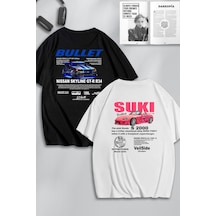 Unisex Hızlı Ve Öfkeli Bullet & Suki Sırt Baskılı Sevgili Çift Kombini Tasarım Oversize T-shirt 2'li Siyah Beyaz Mck0472 Siyah Beyaz