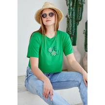 Oversize Baskılı Crop Tişört - Yeşil Yeşil