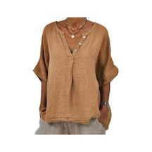 Pamuk Keten Kadın Gömlek V Yaka Düğmeli Yarım Patlet Yarım Kol Nefes Alabilir Bol Kamel