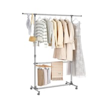 Elbise Askısı Yüksekliği Ayarlanabilir, Elbise Standı, Uzatılabilir Elbise Askısı, Orta Kısımda Ekstra Çubuk, 101-166 X 49 X 113-198 Cm, Gümüş/gri-yeşil, Llr401