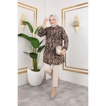 Hira Life Fashion Kadın Tesettür Giyim Ve Spor Giyime Uygun Düğme Detaylı Şık Desenli Dokuma Viskon Gömlek-tunik Vizon 2 Vizon 2
