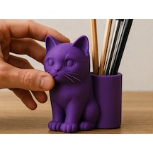 3d Baskı Kedi Figürlü Kalemlik - Masaüstü Organizer - Mor Çok Renkli