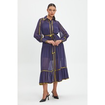 Şifon Ve Bağcıklı Midi Boy Elbise - Kontrast Şerit Detaylı - Günlük Ve Özel Günlük Şıklık Mor