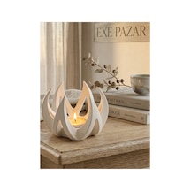 Exe Pazar Alev Temalı Tealight Mumluk 11 X 8,5 Cm - Modern Ev Dekorasyon Hediyelik Ve Konsept Beyaz