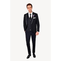 Ysf Erkek Lacivert Yelekli Mono Yaka Slim Fit Damatlık
