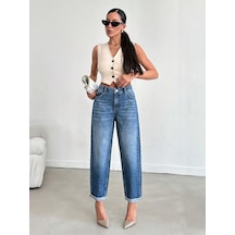 Kadın Bilek Boy Mom Fit Kot Pantolon Mavi Mavi