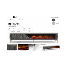 Retro Elektrikli Şömineli Tv Ünitesi 170 Cm Antrasit Krom Ayaklı Dalgalı Kapaklı Modern Tv Sehpası
