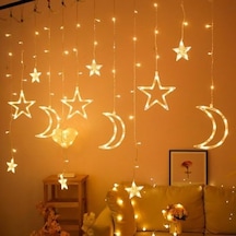 Ay Yıldız Figürlü Perde Led Işık, 3.5 Metre 12 Sarkıtlı Dekoratif Aydınlatma, 8 Fonksiyonlu Ve Eklenebilir Fişli, 3200k Günışığı Sarı Ramazan Ve Ev Dekoru