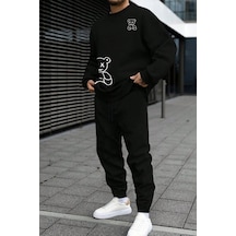 Uyguntarz Unisex Draw Bear Baskılı Bisiklet Yaka Sweatshirt - 2'li Eşofman Takımı Siyah Uyguntarz Unisex Draw Bear Baskılı Bisiklet Yaka Sweatshirt - 2'li Eşofman Takımı Siyah