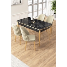 Canisa Edaf Serisi 80x132 Açılabilir Siyah Mermer Desen Mutfak Masa Takımı 4 Krem Sandalye Gold Detay Masa Siyah Mermer Desen Sandalye Krem Gold Ayak