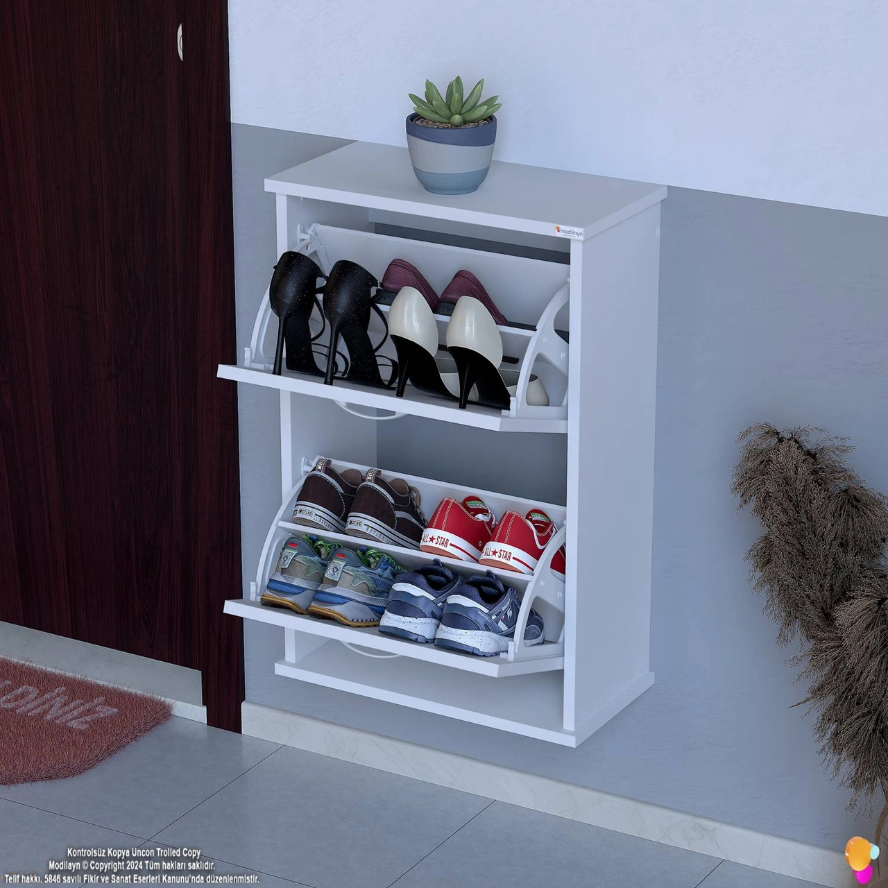 Asaf Beyaz Asma Ayakkabılık Kapı Önü 2 Düşer Kapak 4 Göz Bölmeli Ayakkabılık 52x78x25,5 Cm Beyaz