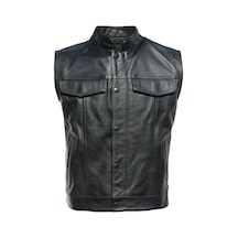 Hakiki Deri Motorcu Tarzı Yelek Siyah Renk Cepleri Fermuarlı