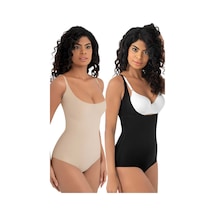 Uniquetrenders Kadın Lazer Kesim İz Yapmaz Göğüs Destekli Askılı Toparlayıcı Body Slip Korse 2'li Set Siyah - Ten Rengi