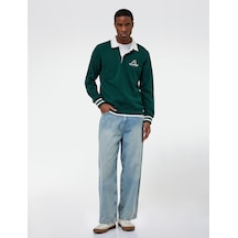 Koton Regular Fit Şardonlu Renk Kontrastlı Çizgili Polo Yaka Baskılı Sweatshirt Yeşil 6wam70163mk