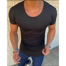 Bybülent Oval Yaka Açık Yaka Erkek Tişört Likralı Slim Fit