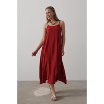 Meleners Askılı Uzun Çan Elbise - Bordo Bordo