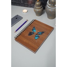 Kelebek Desenli Ahşap Defter - Ajanda - Günlük - Çizgisiz Defter Ahşap Rengi Cevzi Resim Defteri