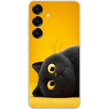 Samsung Galaxy S25 Uyumlu Yan Bakan Siyah Kedi Baskılı Silikon Kılıf Renkli