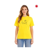 Unisex Oversize Sarı Tişört %100 Pamuk Happy Yazılı Çiçek Baskılı Salaş Streetwear T-shirt Sarı
