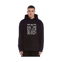 Are You Kitten Me Meow Baskılı Siyah Erkek Örme Kapşonlu Sweat