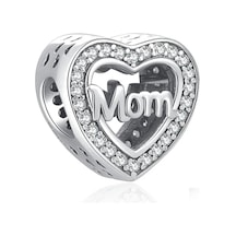 Fubena Taşlı Mom Kalp Charm Gümüş