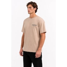 Hzr Wear Erkek Enjeksiyon Baskılı Basic Tişört Bisiklet Yaka Regular Fit %100 Pamuk Bej