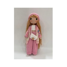 El Yapımı Amigurumi Örgü Bebek 28 Cm Renkli Hırkalı Uzun Saçlı Tığ İşi Oyuncak Bebek Hediyelik Pembe Mavi