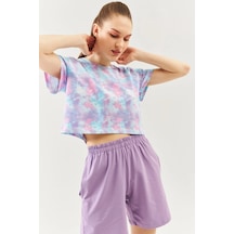 Kadın Rahat %100 Pamuklu Penye Bisiklet Yaka Kısa Kol Basic Crop T-shirt Batik Aqua