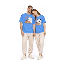 Sevimli Panda Baskılı Sevgili Kombini Çift Tişört Oversize Unisex Mavi