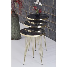 Zigon Sehpa Takımı Yuvarlak Siyah Mermer Desenli Gold Tel Ayak