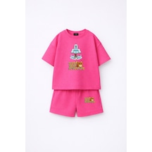 Fasardi Super Bear Adventure Süper Ayı Baskılı Oversize %100 Pamuk Kısa Kollu Unisex Çocuk T-shirt Fuşya