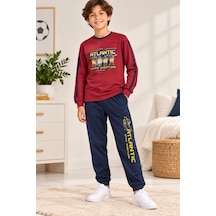 Uğur Bebe Çocuk Bordo Pijama Takımı %100 Pamuk Uzun Kollu Bisiklet Yaka Baskılı Lacivert Alt Rahat Ve Şık Pijama Takımı Bordo Bordo