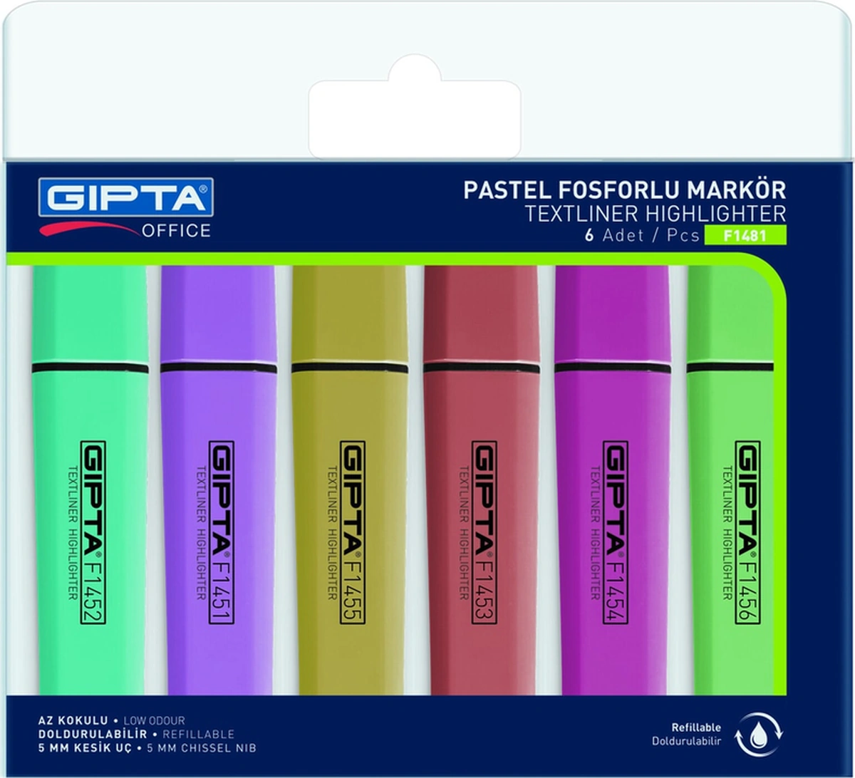 Fosforlu Markör - Fosforlu Kalem İşaret Kalemi 5mm Kesik Uç Pastel 6 Renk Set F1481 Karışık