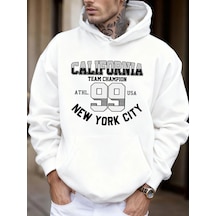 Tarzsokak Kaliforniya New York City Number 99 Baskılı Yumuşak Sonbahar Cepli Kapüşonlu Üst Erkek Bol Sp Beyaz
