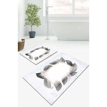 Gri Yaprak Temalı Banyo Halısı Klozet 2'li Paspas Seti Bs050n11