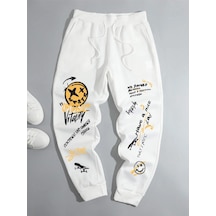 Cartoon & Slogan Graphic Drawstring Waist Eşofman Altı Beyaz