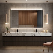 60x80 Cm Led Dikdörtgen Banyo Aynası Çift Çerçeveli Işıklı, Dimmerli Dokunmatik - Beyaz Işık 6500k Beyaz
